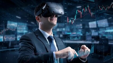 Caucasian businessman wearing a vr headset analyzes financial data on a holographic interface. Male trader interacts with stock market charts in a virtual reality environment - Powered by Adobe