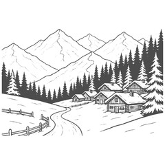 Winter Mountain Village Landscape with Alpine Cabins Hand-drawn