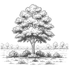 Detailed Hand-Drawn Landscape with a Prominent Tree