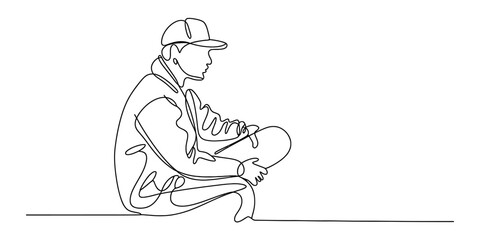 Continuous line drawing of a young man wearing a cap and holding a skateboard while sitting Vector, illustration © Creative_Outline2019