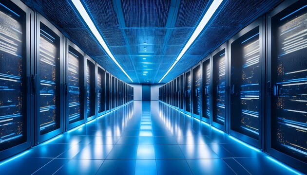 modern data center featuring rows of server racks illuminated by blue led lights creating futuristic and high tech atmosphere polished floor reflects vibrant lighting enhancing overall - Powered by Adobe