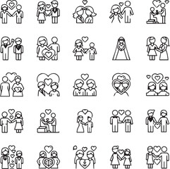 Fototapeta premium Couple Relationship Line Icons Minimal Black White Vector 