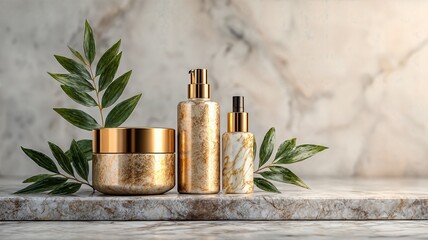 Luxurious golden marble cosmetic products, including a jar and two bottles, are elegantly displayed on a natural marble surface with green leaves.