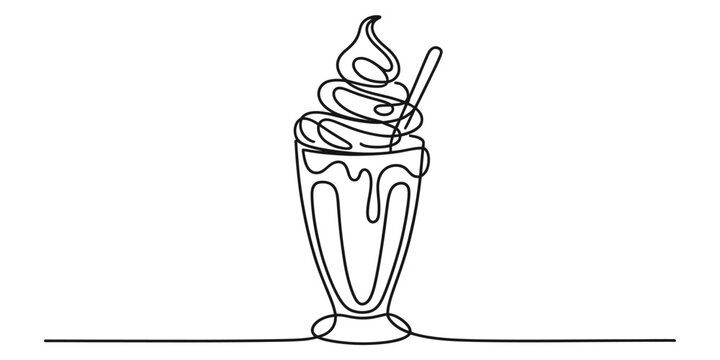 Continuous line drawing of a refreshing milkshake or sundae topped with whipped cream and a straw Vector, illustration