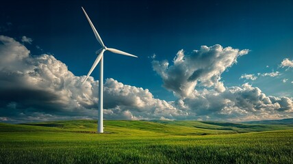 A tall wind turbine stands on lush green rolling hills under a vibrant blue sky with dramatic white clouds, symbolizing clean, renewable energy and environmental sustainability.