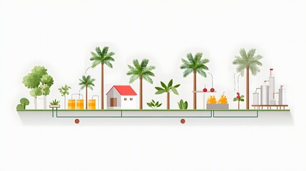 Visualizes a sustainable process from farming and natural elements to industrial manufacturing and energy production connected by an underground pipeline system