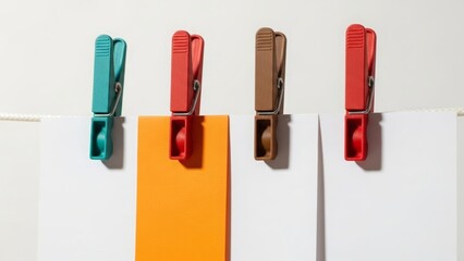 Colorful Clothes Pins Holding Papers on a Clothesline clothespins clips