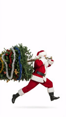 Santa Claus running with a decorated Christmas tree on his shoulder on white background. Vertical template for Holiday delivery and festive rush concept winter celebration with copy space.