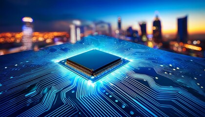 futuristic microchip sits prominently on circuit board illuminated by blue lights with blurred city skyline in background conveying sense of advanced technology and innovation