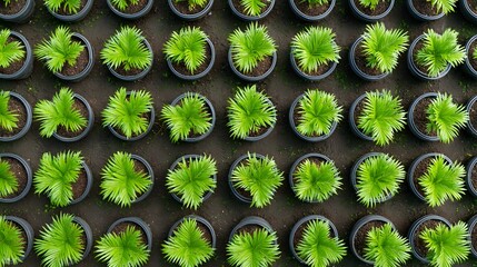 Naklejka premium Overhead perspective of a vast collection of healthy young palm trees in dark pots meticulously organized in uniform rows on the fertile ground of a large scale plant nursery
