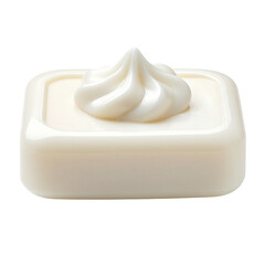 Gourmet white chocolate square praline with elegant cream swirl, isolated on black background