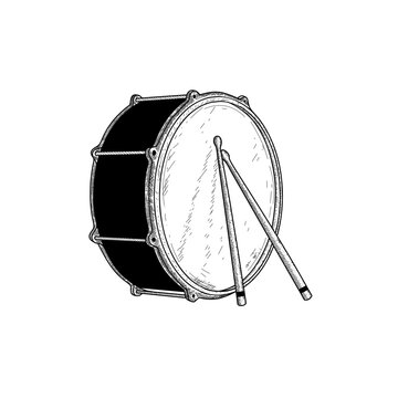 hand drawn bass drum and sticks musical instrument line art vector illustration