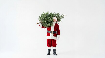 Santa Claus carrying a Christmas tree on his shoulder on white background. Banner template for Holiday preparation and festive season concept isolated with copy space.