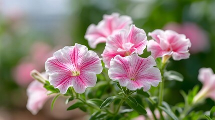 Fototapeta premium Delicate pink and white striped petunias are captured in a close up view showcasing their intricate veining and vibrant colors against a lush out of focus garden backdrop
