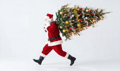 Santa Claus running with a decorated Christmas tree on his shoulder on white background. Banner template for Holiday delivery and festive rush concept winter celebration with copy space.