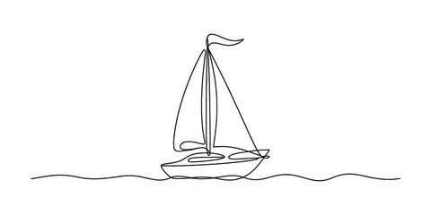 A continuous line art drawing of a sailboat sailing on the ocean waves Vector, illustration