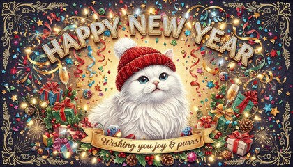 Happy new year  vintage background featuring a cute white holiday cat with a winter hat, lots of decorations and gift boxes
