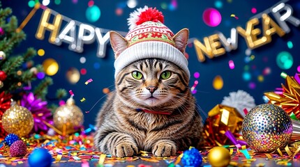 Cute cat with a winter hat and New Year's Eve decorations. New year background 