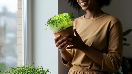 Happy young african american woman holding a pot of fresh organic microgreens at home. Enjoying urban gardening and a healthy sustainable lifestyle with homegrown superfoods