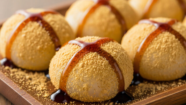 Traditional japanese kinako mochi dessert served on a wooden plate with sweet kuromitsu syrup