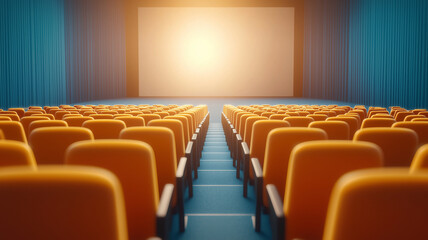 Fototapeta premium Orange cinema seat aisle blue curtain theater screen warm lighting audience interior