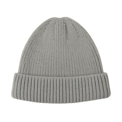 A simple light grey knitted beanie with a folded cuff for winter fashion isolated on transparent background