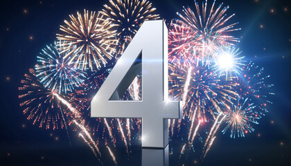 Silver number 4 with fireworks in the background. Festive scene for birthday or anniversary party