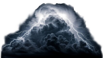 Dark Storm Cloud with Lightning Strikes on White Background Keywords: storm, thunder, lightning