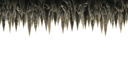 highly detailed row of hanging stalactites with crystalline calcite and geological strata, translucent due to dramatic backlighting against vast white copy space. concept of geological mystery and