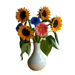 A vibrant bouquet featuring sunflowers, cornflowers, and a pink gerbera daisy in a white vase