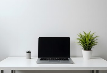 Modern Minimalist Workspace with Laptop and Green Plants