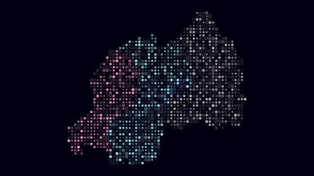 Rwanda animated country shape. Pulsating colored dots on the map of the country. Small size circle blocks. Digital style Rwanda map on dark background. Amazing animation video.