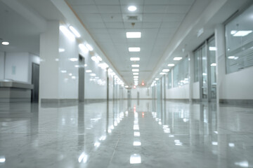 Fototapeta premium Blurred hospital corridor white hallway clean interior modern clinic empty floor peaceful