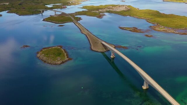 Aerial footage of bridges in Fredvang, Lofoten Archipelago (Norway)