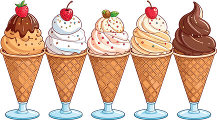 Gourmet Ice Cream Cones with Chocolate Glaze Sprinkles and Cherry Toppings on Top