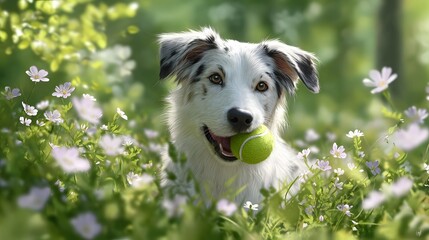 Close up portrait of a cheerful dog with a tennis ball in its mouth surrounded by vibrant green grass and delicate blooming flowers bathed in soft natural sunlight