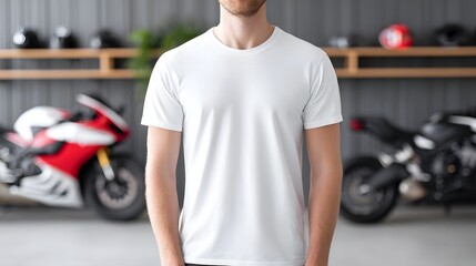 Front view of a person wearing a simple white t shirt presented in a well lit organized workshop environment featuring two distinct sport motorcycles and protective helmets on a shelf