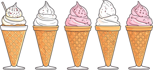 Collection of Simple Soft Serve Ice Cream Cones in Waffle Cones for Dessert Menu Design