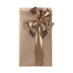 Beige paper gift box with pink gold ribbon flying isolated on white background. Holiday gift box.