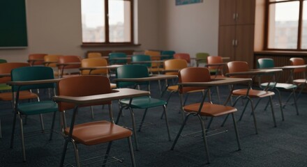Empty classroom with colorful student desks and chairs. Sunlight streams through windows