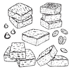 Set of hand drawn chocolate brownie with chocolate chip and almond outline drawing illustration