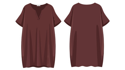 Classic maroon v-neck short sleeve shift dress front and back view isolated on white background perfect for fashion design mockups