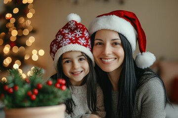 Mother and child joyfully celebrate holiday season wearing festive headwear near bright lights
