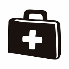 Obraz premium First aid kit medical case icon- Black silhouette icon of a first aid medical case with cross symbol, representing healthcare, emergency response, safety equipment, and medical support. 
