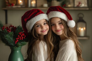 Two smiling young girls wearing traditional winter headwear pose closely together near festive greenery