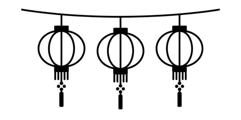A simple black and white drawing of three traditional chinese lanterns hanging together Vector, illustration