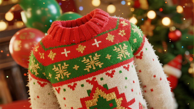 Festive knitted sweater with holiday patterns