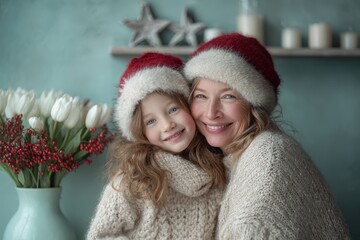 Happy grandmother and grandchild wearing festive winter hats embrace indoors next to a floral arrangement