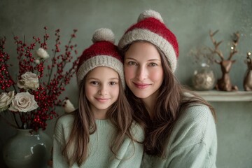 Happy mother and child wear warm winter hats indoors with festive decorations