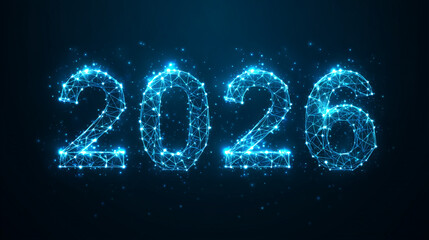 Futuristic glowing number 2026 from digital network lines, dots, and light particles on a dark blue background. Technology, artificial intelligence, New Year 2026
